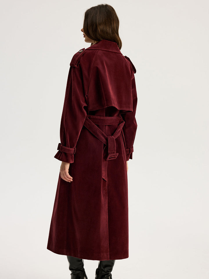 Belted Double-Breasted Suede Effect Long Trench Coat