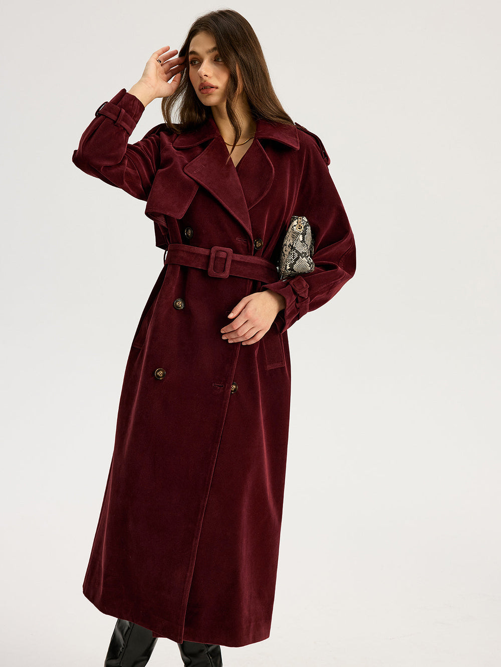 Belted Double-Breasted Suede Effect Long Trench Coat — women's trench coats, back view