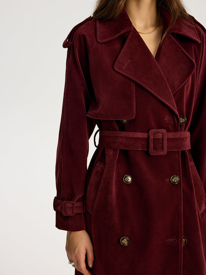 Belted Double-Breasted Suede Effect Long Trench Coat