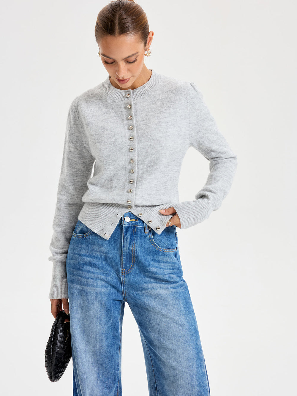 Buttoned Crew Neck Cardigan — women's cardigans, back view