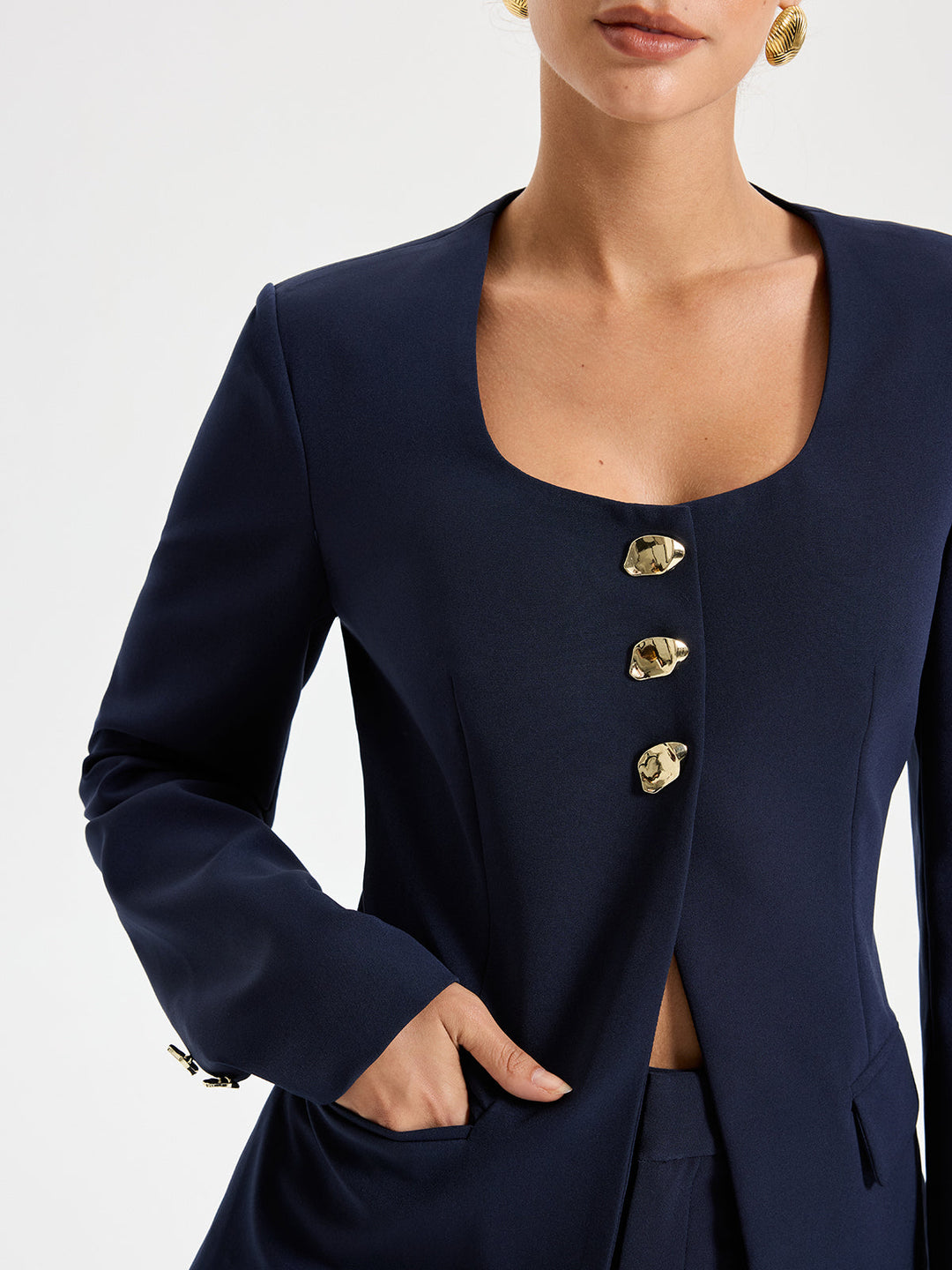 Metal Button Square Neck Blazer