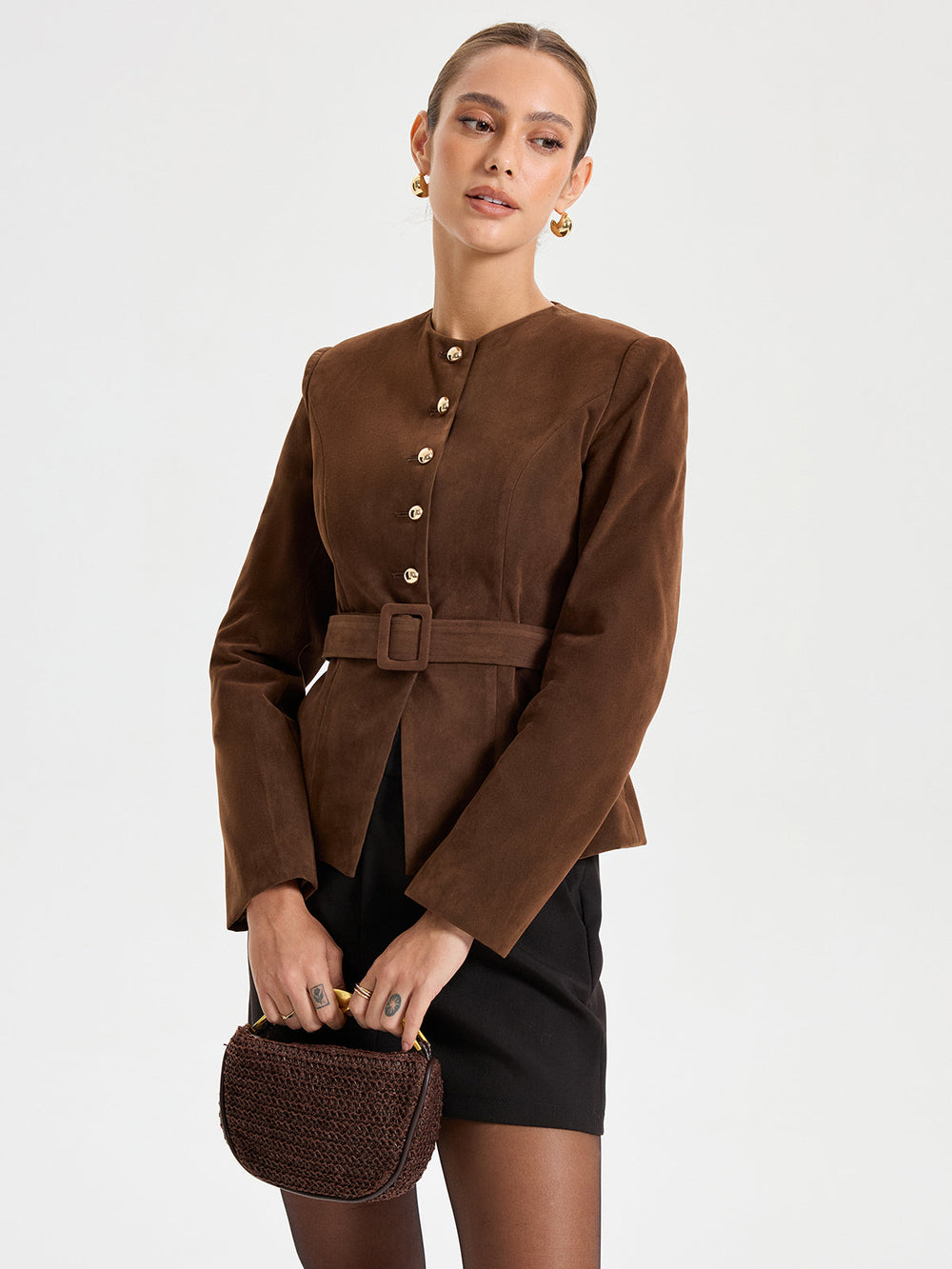 Belted Suede Effect Metal Button Blazer — women's blazers, back view