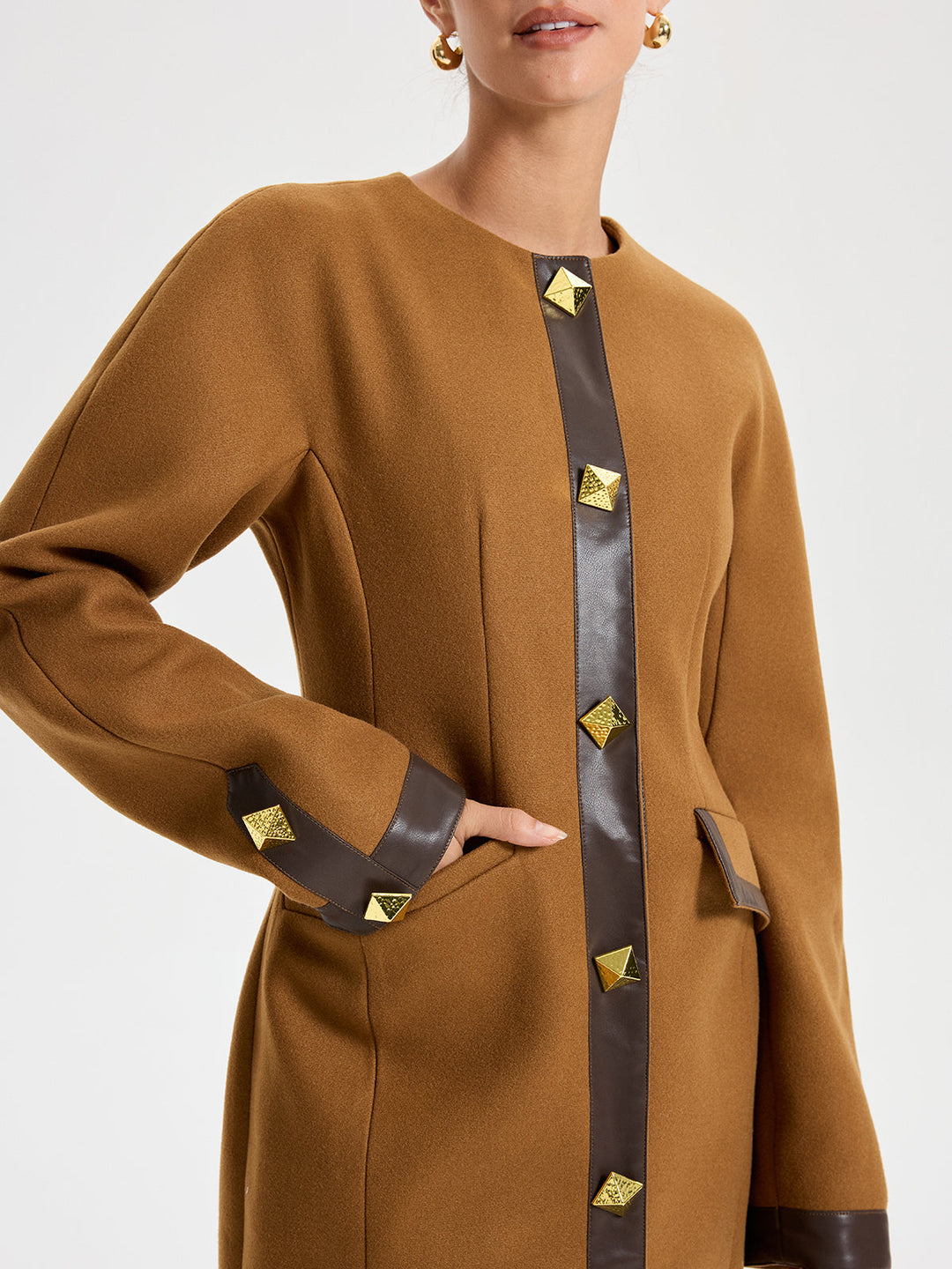 Faux Leather Trim Tweed Long Coat