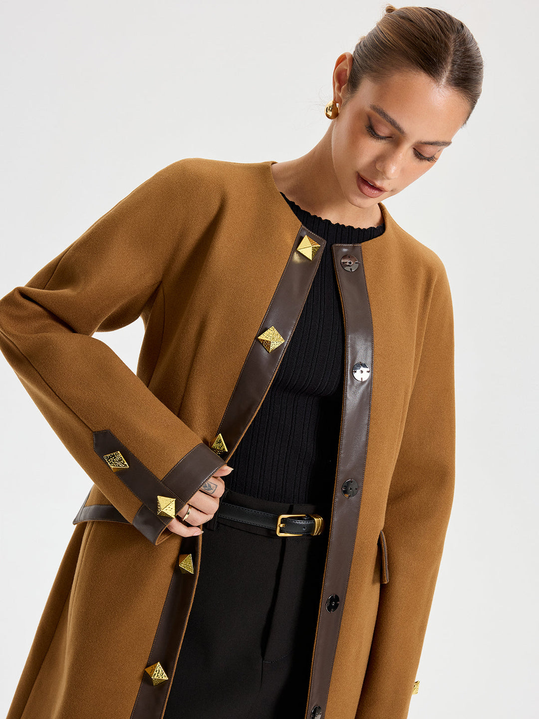Faux Leather Trim Tweed Long Coat