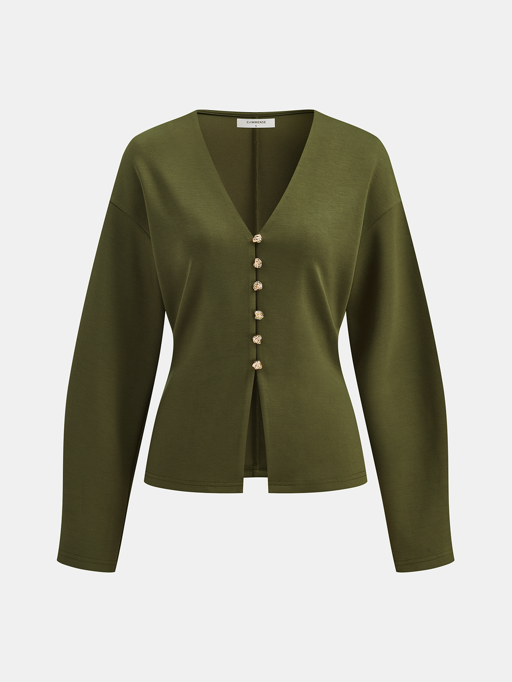 Olive green fitted-waist cardigan flat lay, front view with gold button placket and wide sleeves