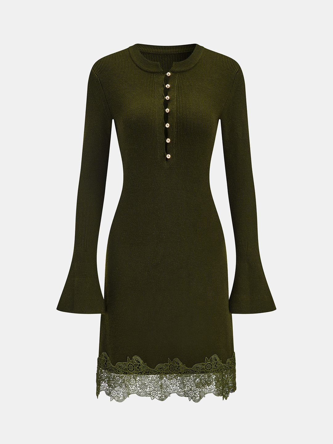 Wool Blend Lace Hem Metal Button Mini Dress