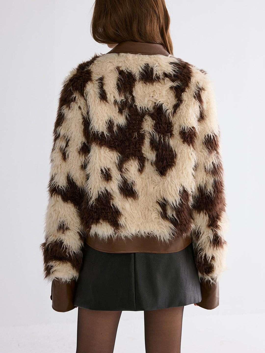 Faux Leather Panel Faux Fur Coat