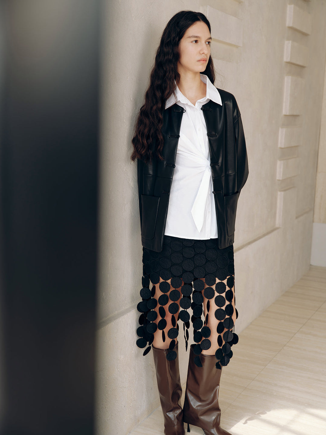 Knot Button Faux Leather Jacket