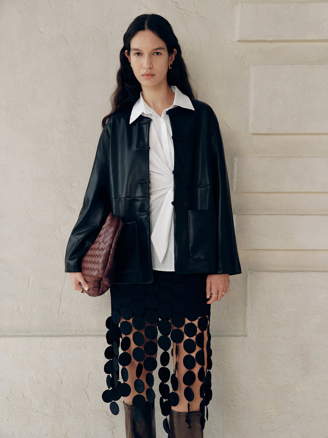 Knot Button Faux Leather Jacket