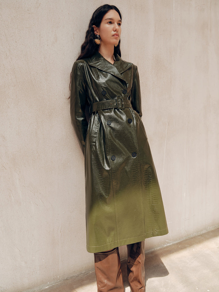 Gradient olive to lime faux leather trench belted at the waist, full length front view