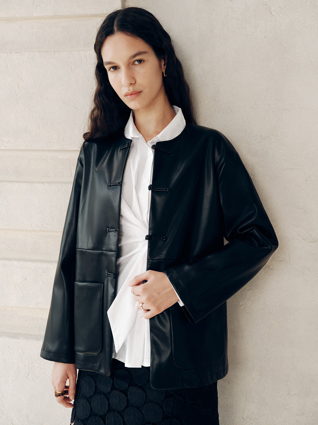 Knot Button Faux Leather Jacket
