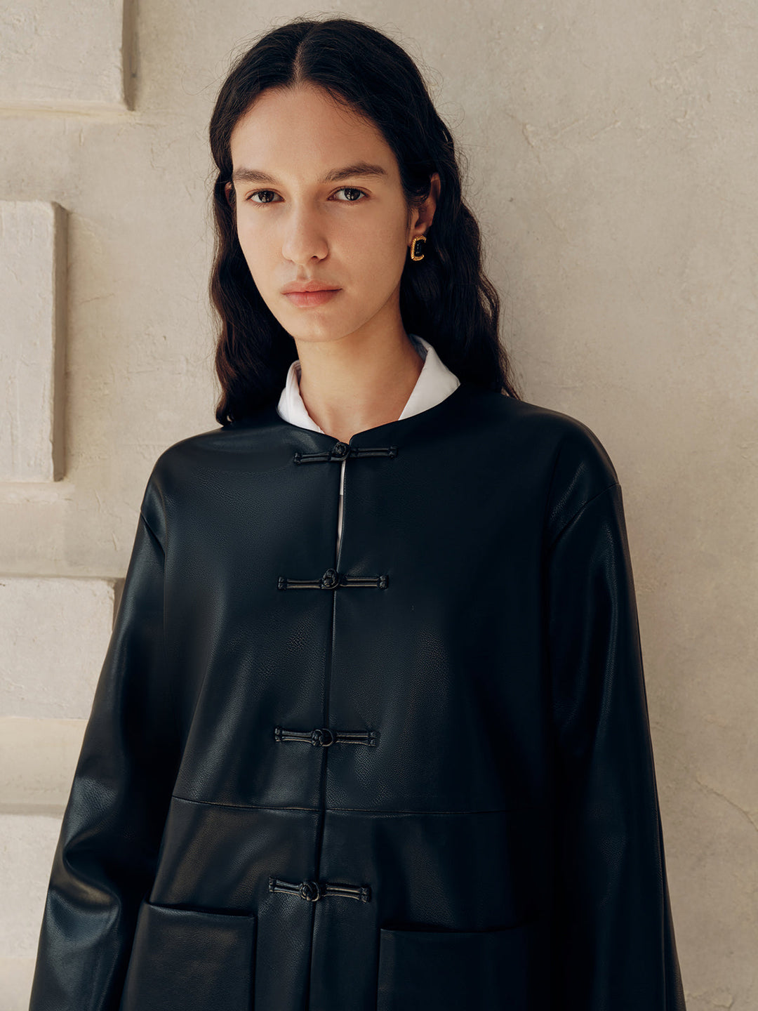 Knot Button Faux Leather Jacket
