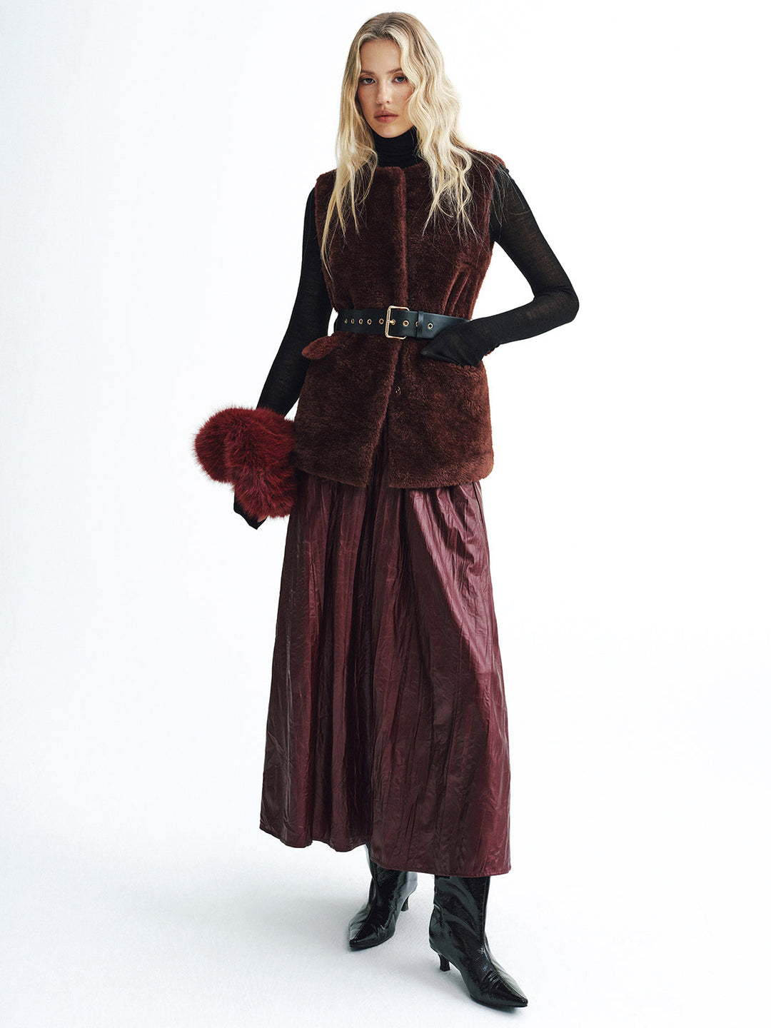 Faux Fur Belted Vest — women's vests, front view