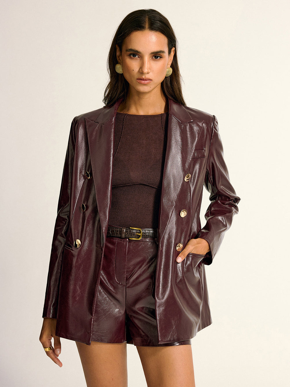 PU Leather Metal Button Lapel Pocket Blazer — women's blazers, back view