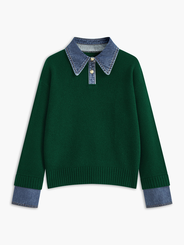2 in 1 Panel Lapel Relaxed Sweater - women's sweater, back view