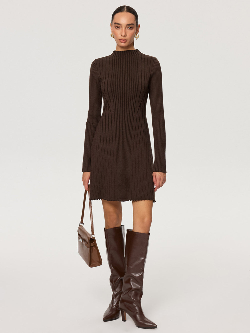 Ribbed Mock Neck Long Sleeve Knit Dress — women's sweater dresses, back view