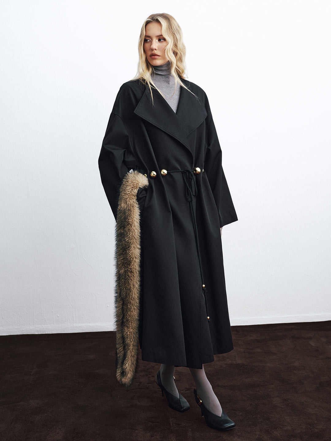 Metal Detail Tie-Belt Oversized Long Trench Coat