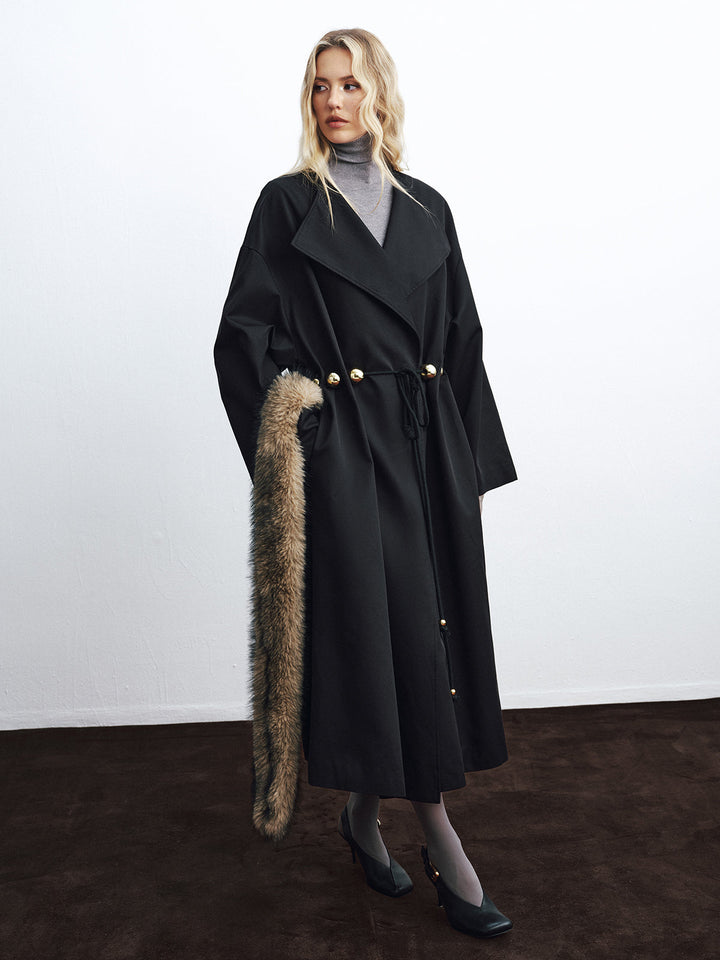 Metal Detail Tie-Belt Oversized Long Trench Coat