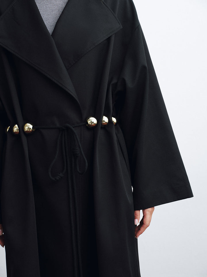 Metal Detail Tie-Belt Oversized Long Trench Coat