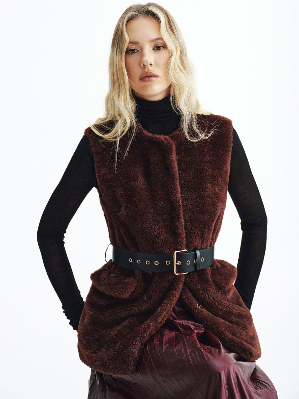Faux Fur Belted Vest — women's vests, back view