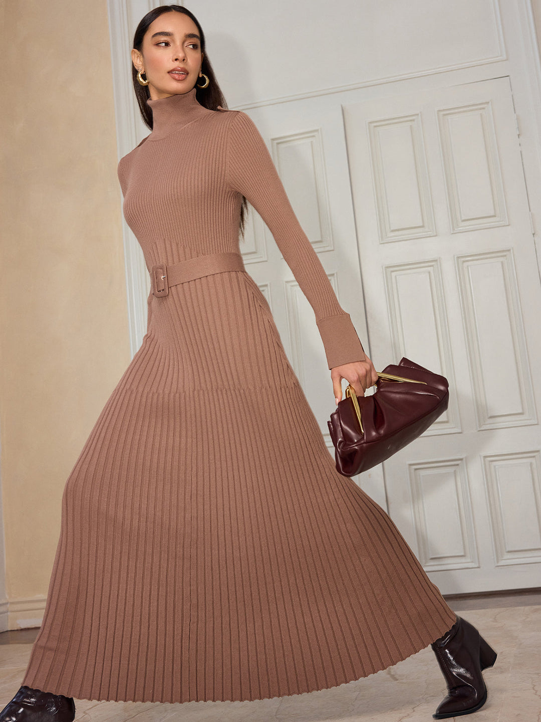 Belted Flared Cuff Turtleneck Maxi Dress — women's sweater dresses, front view