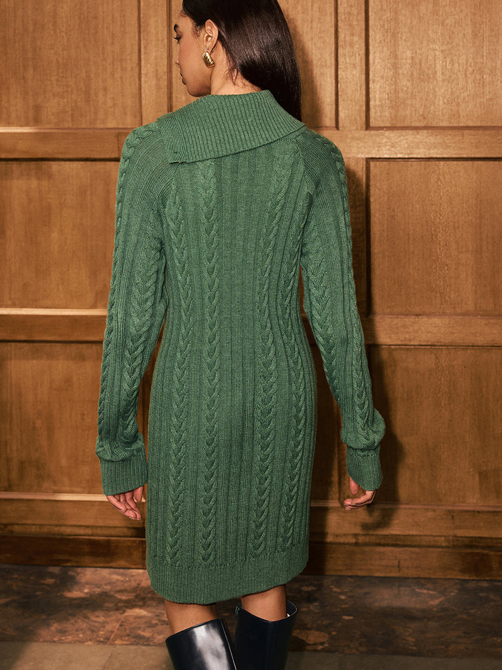 Back view of green cable knit sweater dress with oversized folded collar