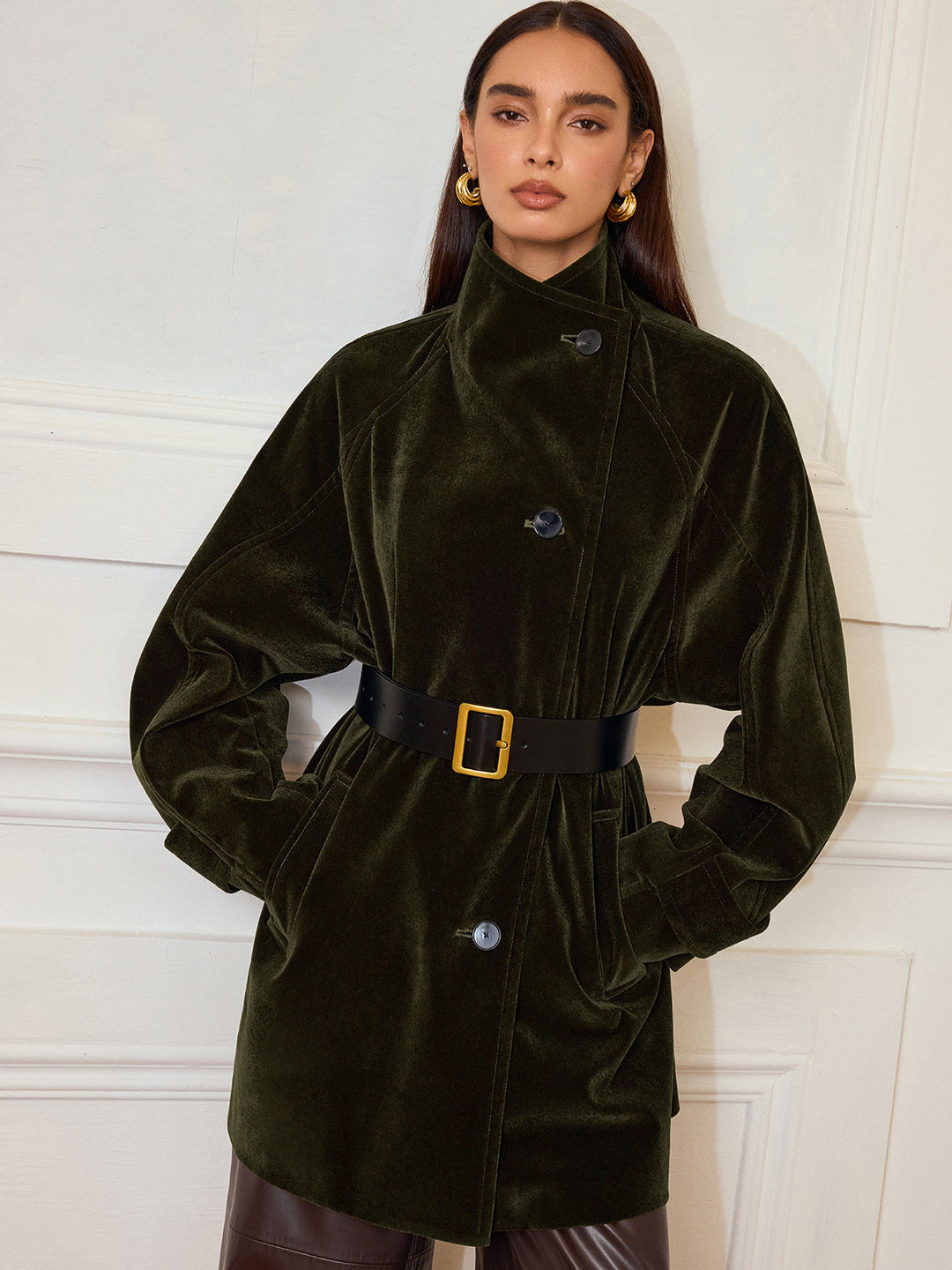 Pocketed Velvet Coat without Belt