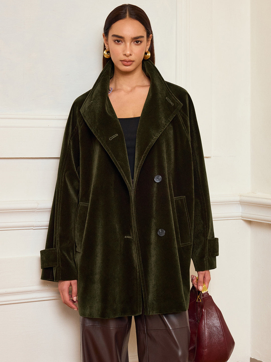 Pocketed Velvet Coat without Belt