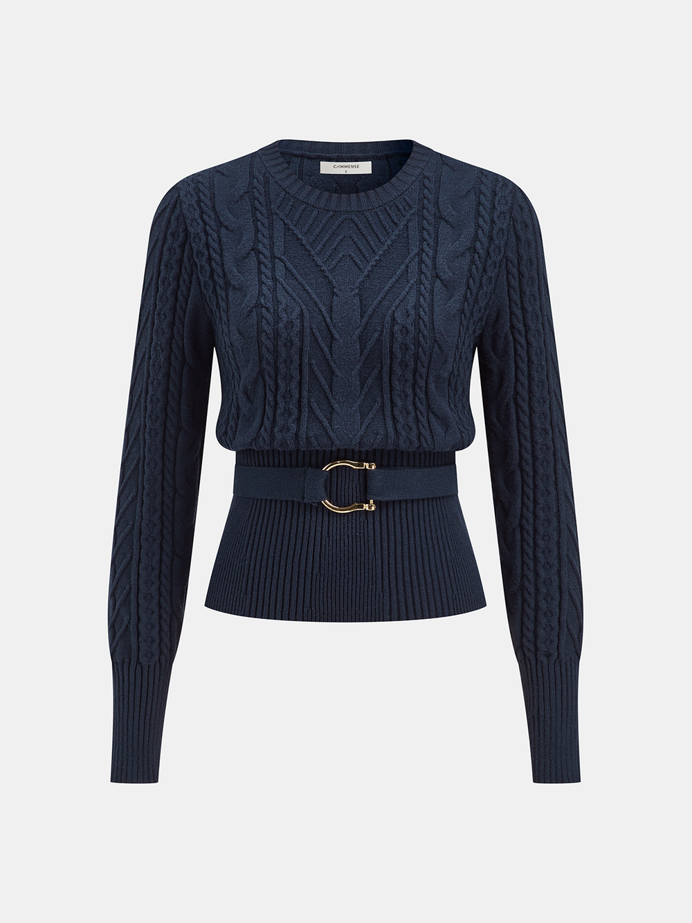 Cinched Waist Belted Cable Knit Top — women's knit tops, back view