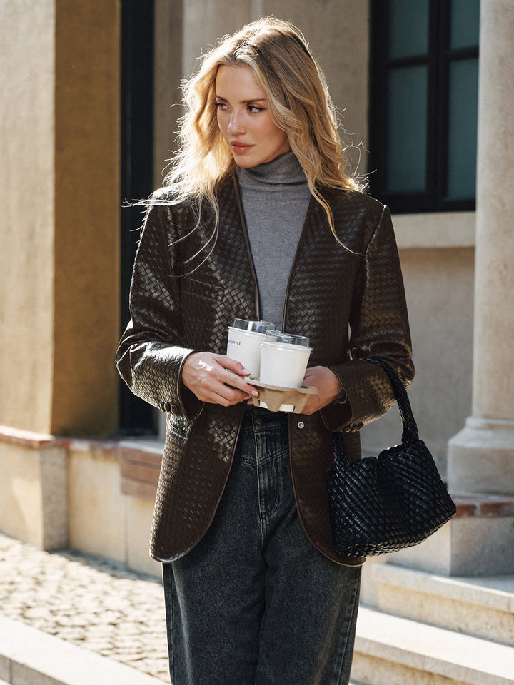 Woven-Texture Faux Leather Blazer