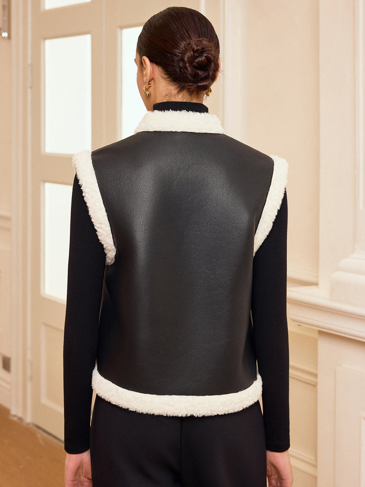 Shearling Trim Zip-Up Faux Leather Vest