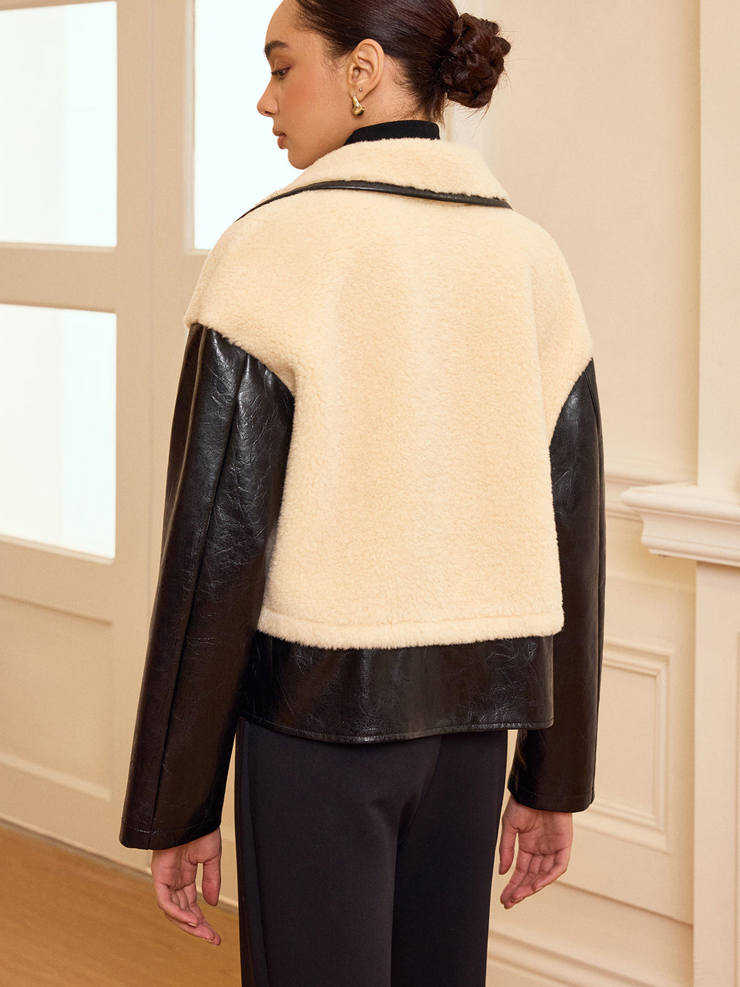 Faux Leather Panel Shearling Jacket