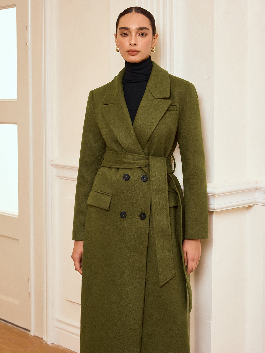 Double-Breasted Belted Long Coat
