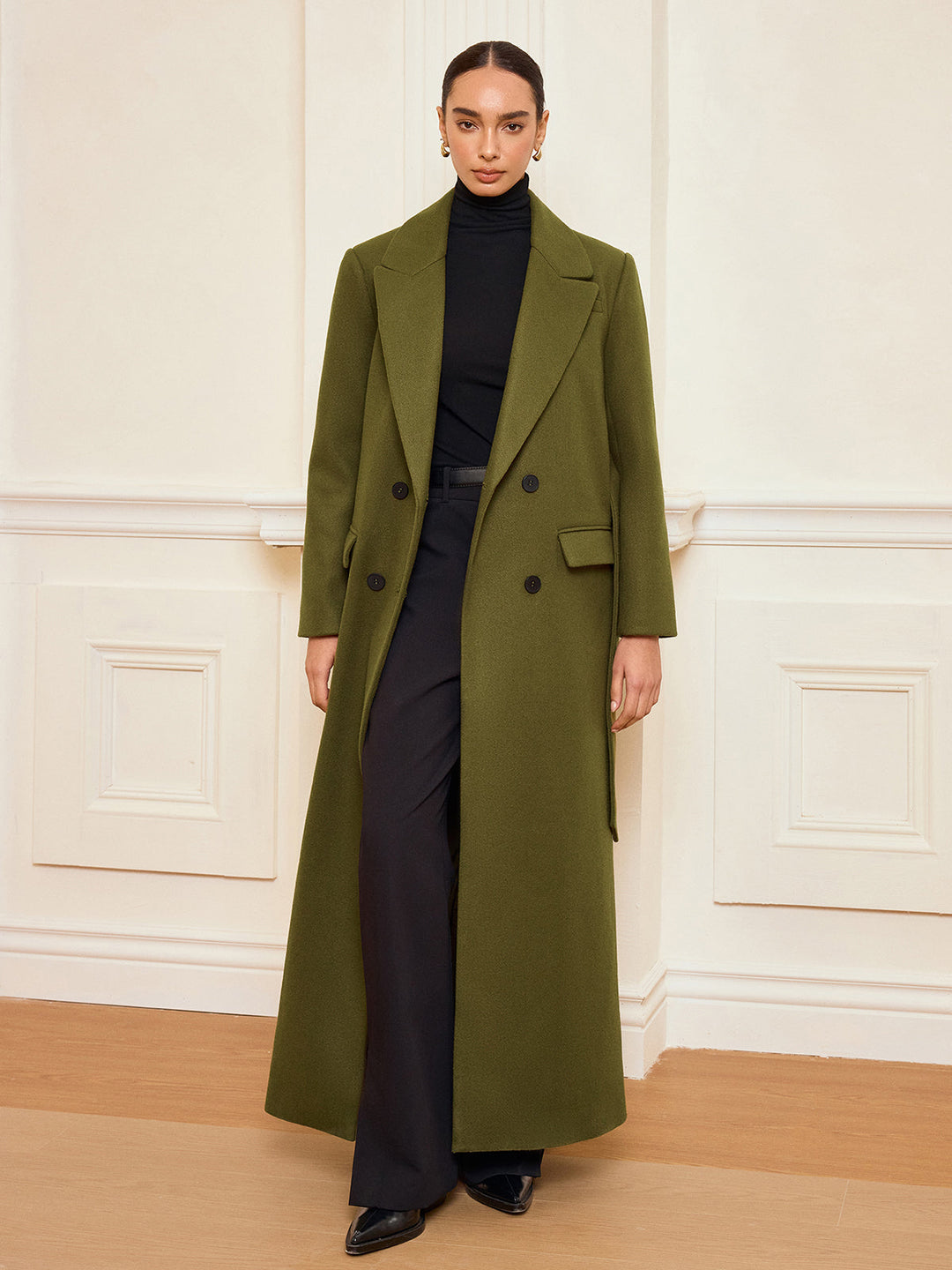 Double-Breasted Belted Long Coat — women's wool coats, front view