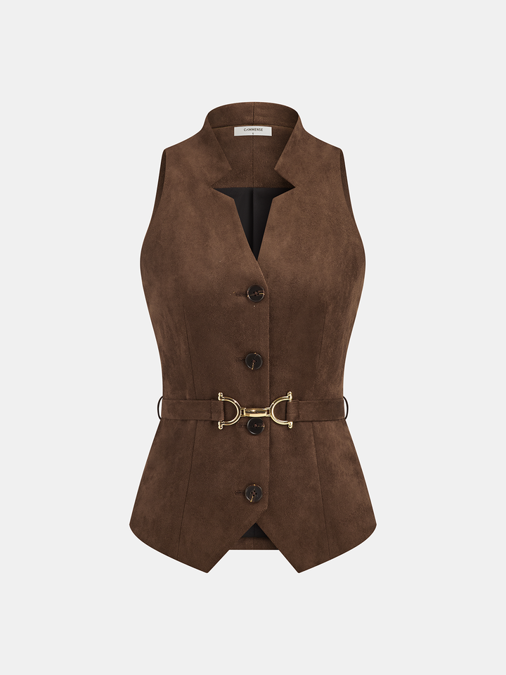 Belted Suede Effect Button-Front Vest