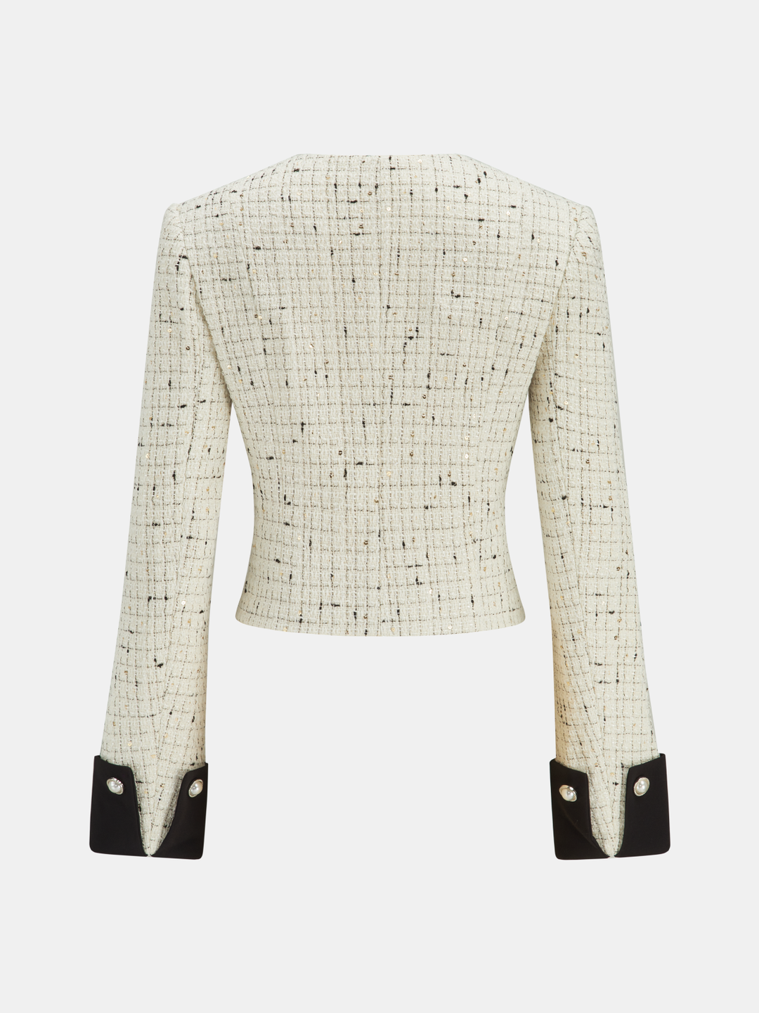 Back view of the white tweed blazer showing the fitted silhouette and black cuff turn-ups