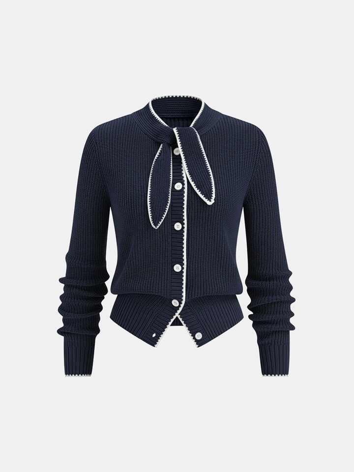 Tie Neck Contrast Trim Wool Blend Cardigan - women's cardigan, neckline detail