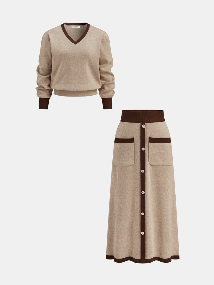 Contrast Trim Knit Top and Midi Skirt Set - women's two-piece skirt set in knitted fabric, front view of the full set