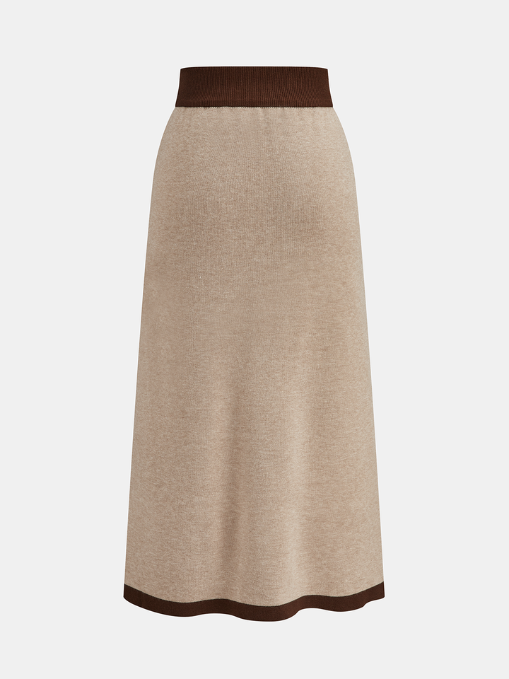 Contrast Trim Knit Top and Midi Skirt Set - women's two-piece skirt set, bottom detail