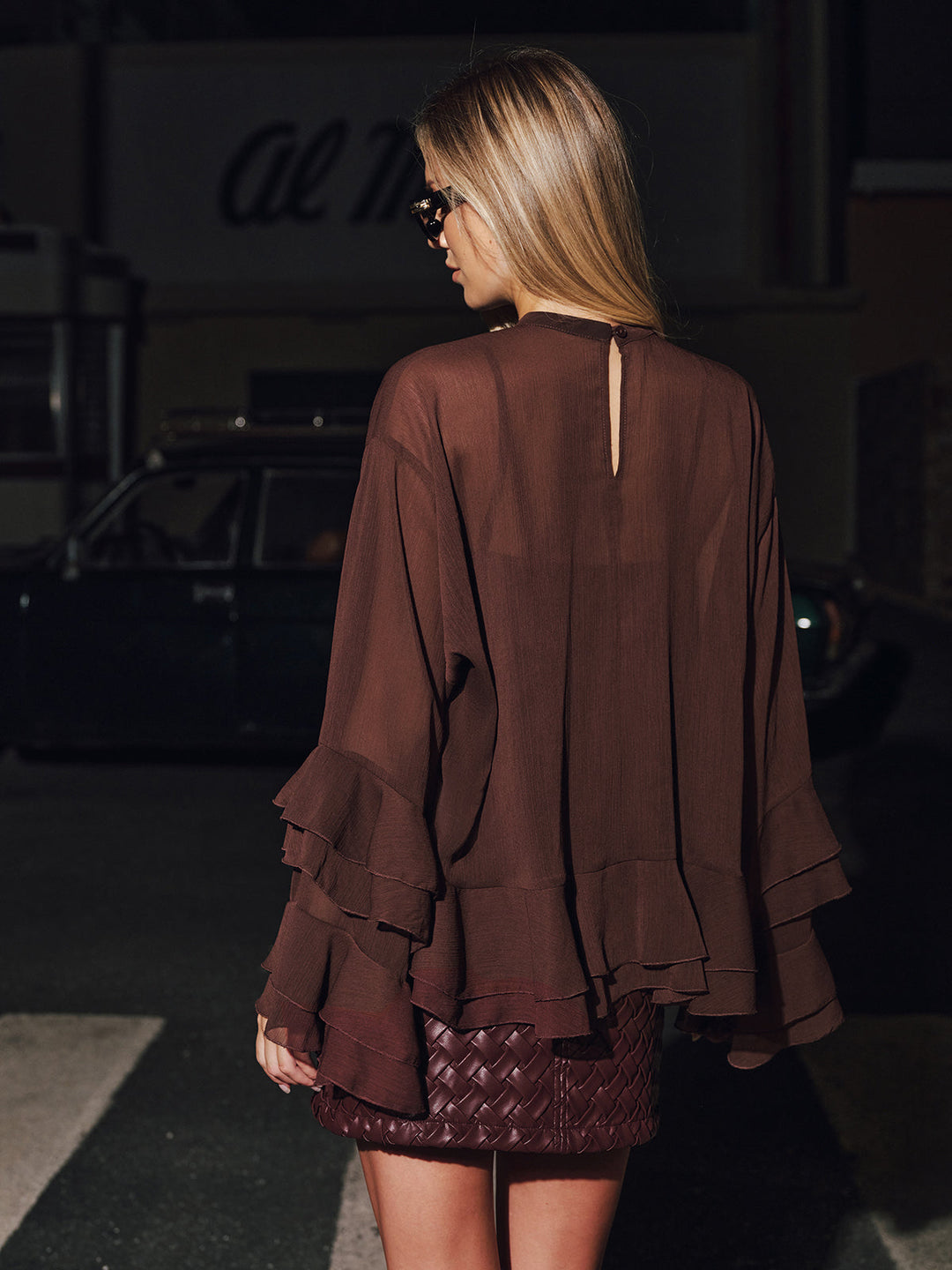 Tiered Ruffle Semi-Sheer Chiffon Blouse With Cami Liner - women's blouse, long sleeve detail