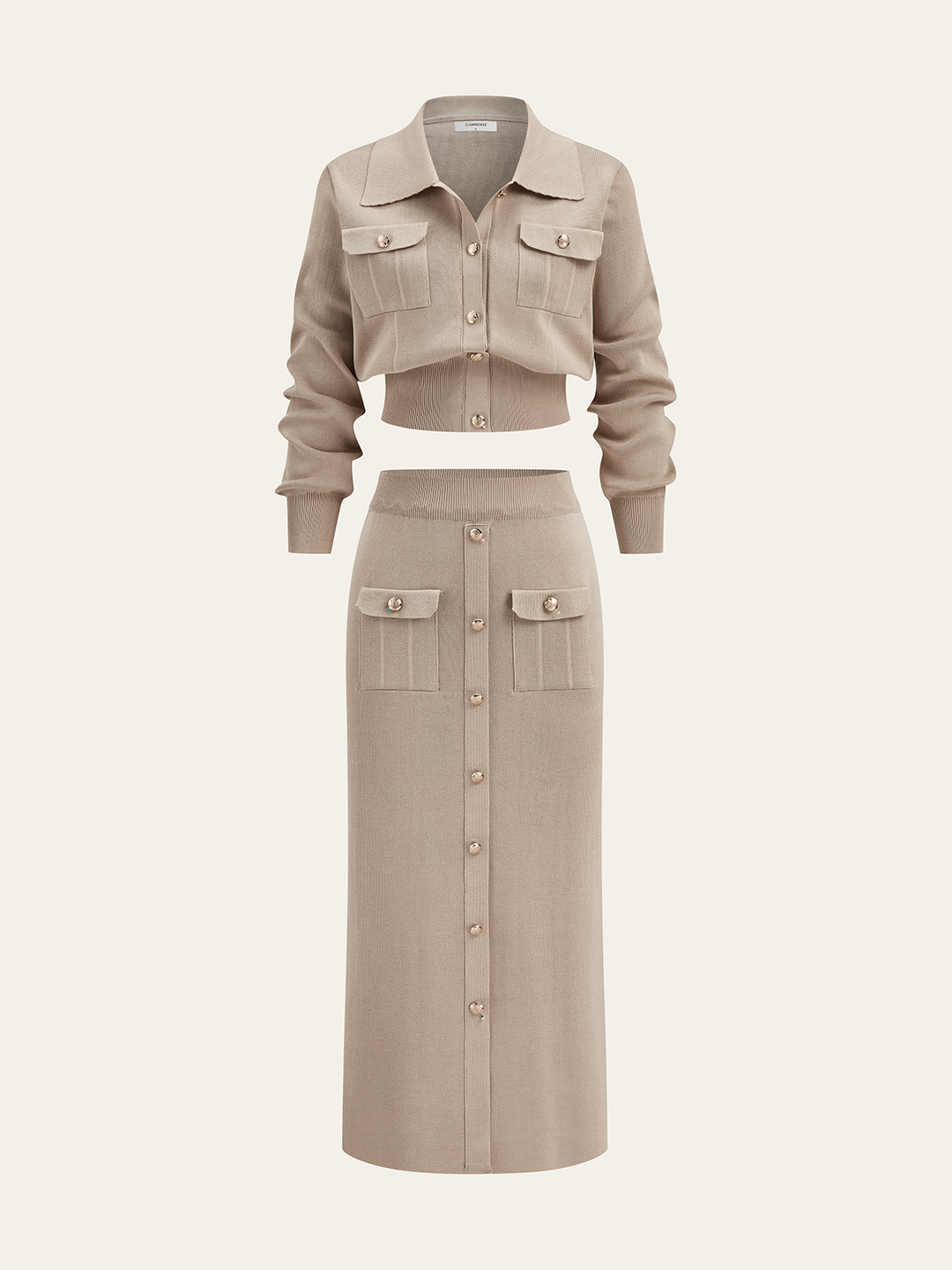 Metal Button Collared Cardigan and Midi Skirt Set — women's sweater co-ords, front view