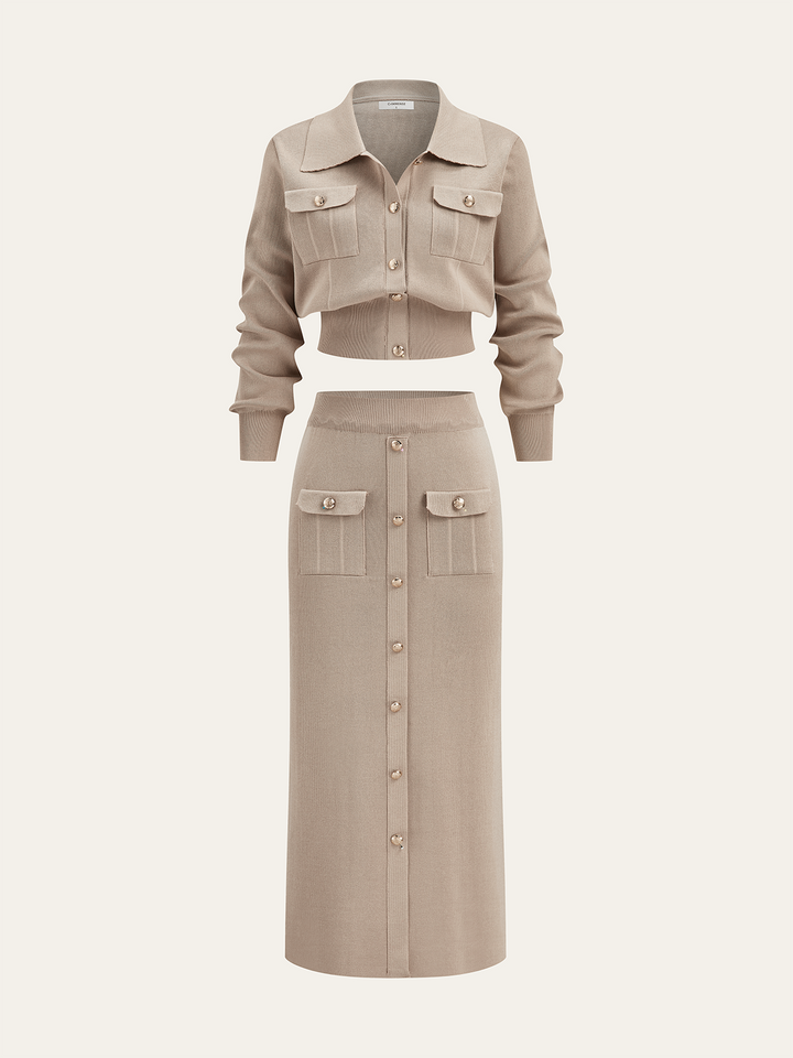 Metal Button Collared Cardigan and Midi Skirt Set - women's two-piece skirt set, front view