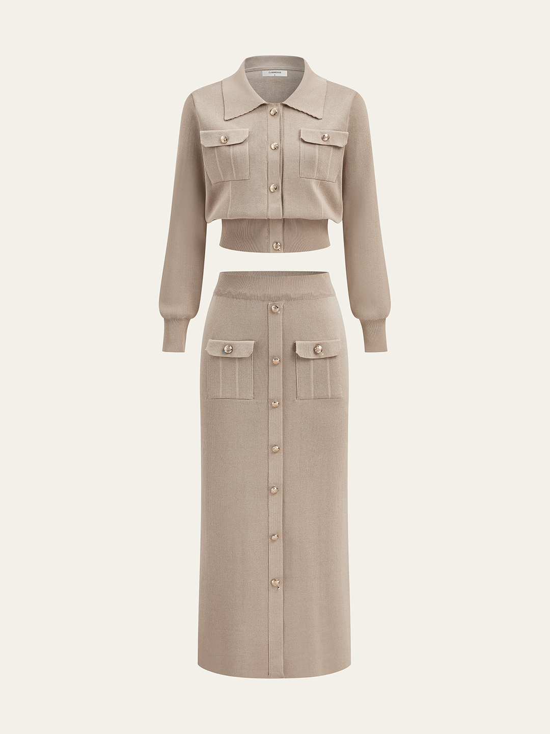 Metal Button Collared Cardigan and Midi Skirt Set - women's two-piece skirt set, back view