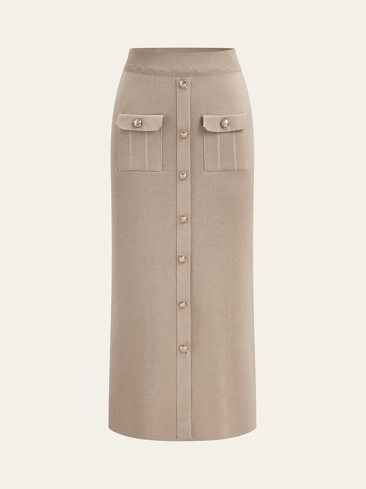Metal Button Collared Cardigan and Midi Skirt Set - women's two-piece skirt set, full-length styled look
