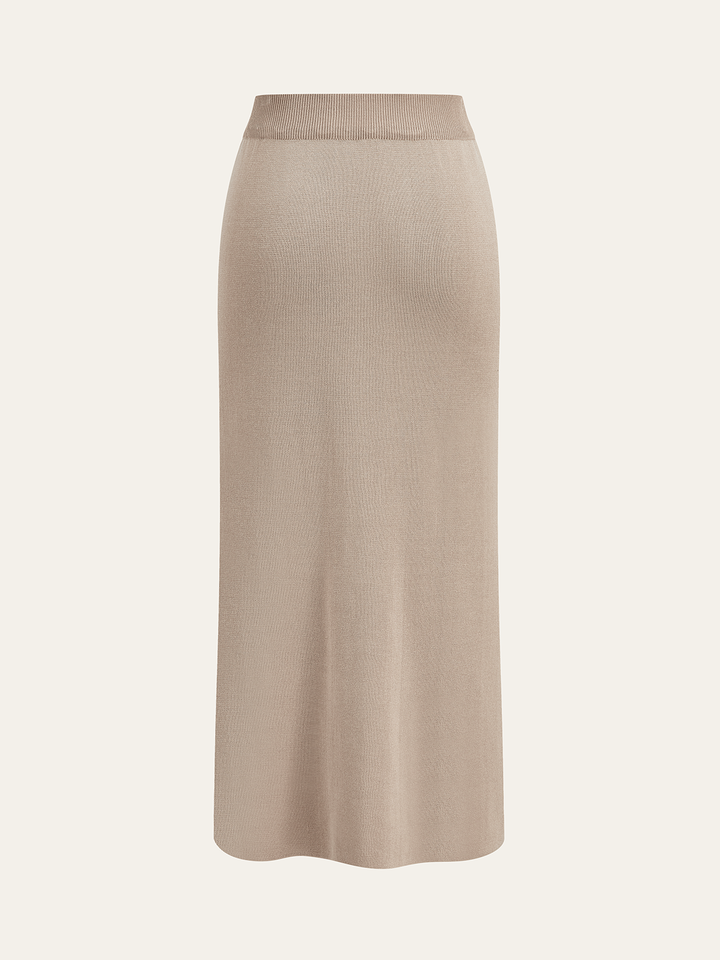 Metal Button Collared Cardigan and Midi Skirt Set - women's two-piece skirt set, neckline detail