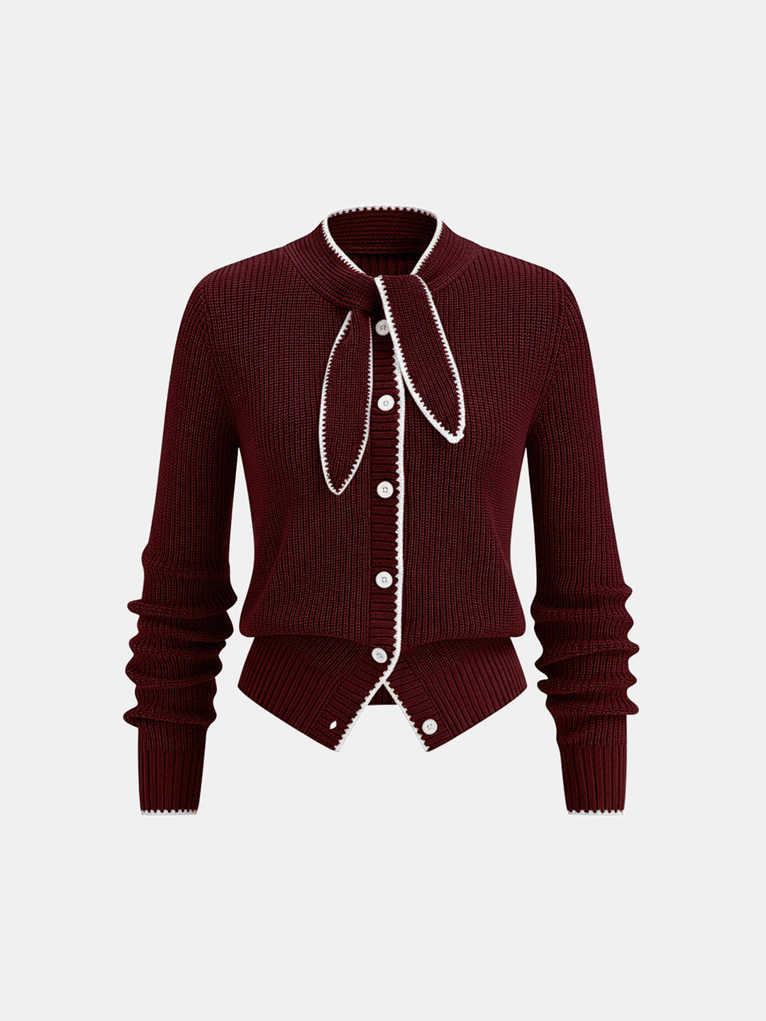 Tie Neck Contrast Trim Wool Blend Cardigan