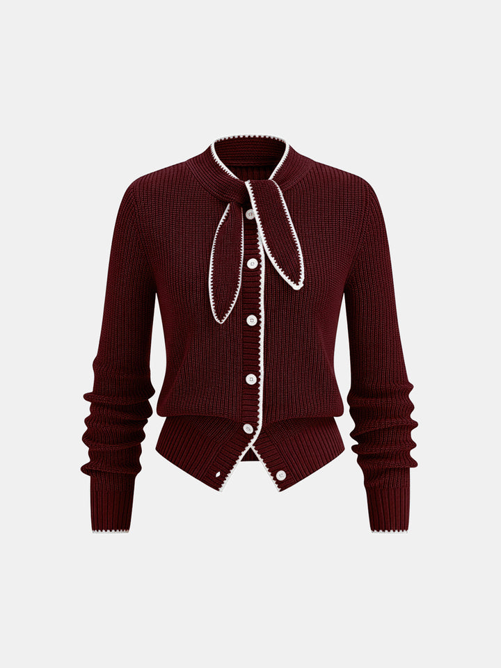 Tie Neck Contrast Trim Wool Blend Cardigan - women's cardigan, model wearing it, three-quarter view