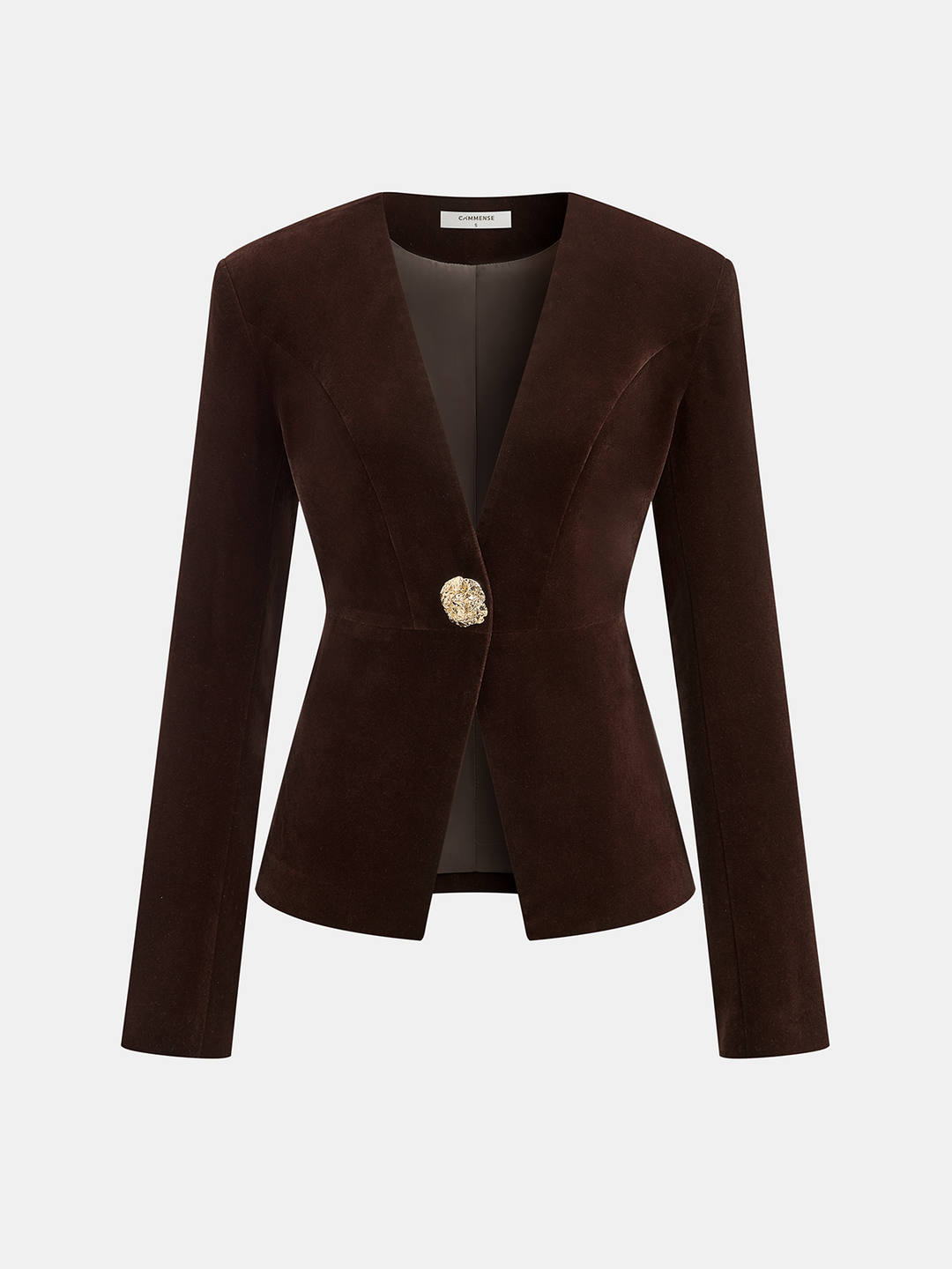 Front view of the collarless dark brown velvet blazer with a single gold metal button