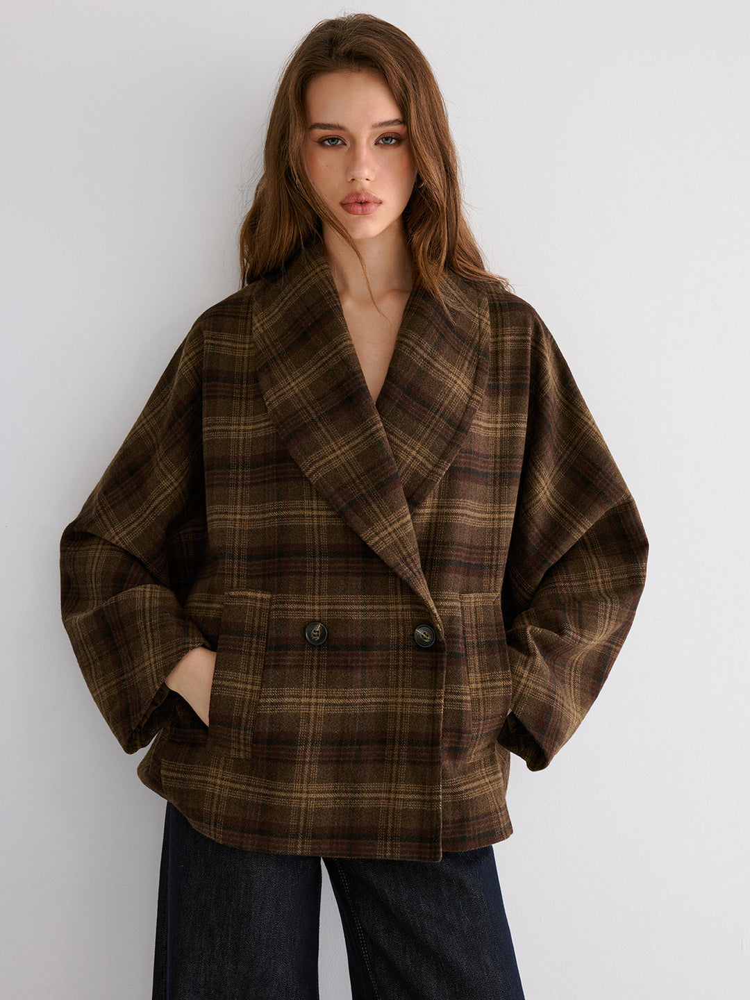 Wool-blend Gingham Loose Coat