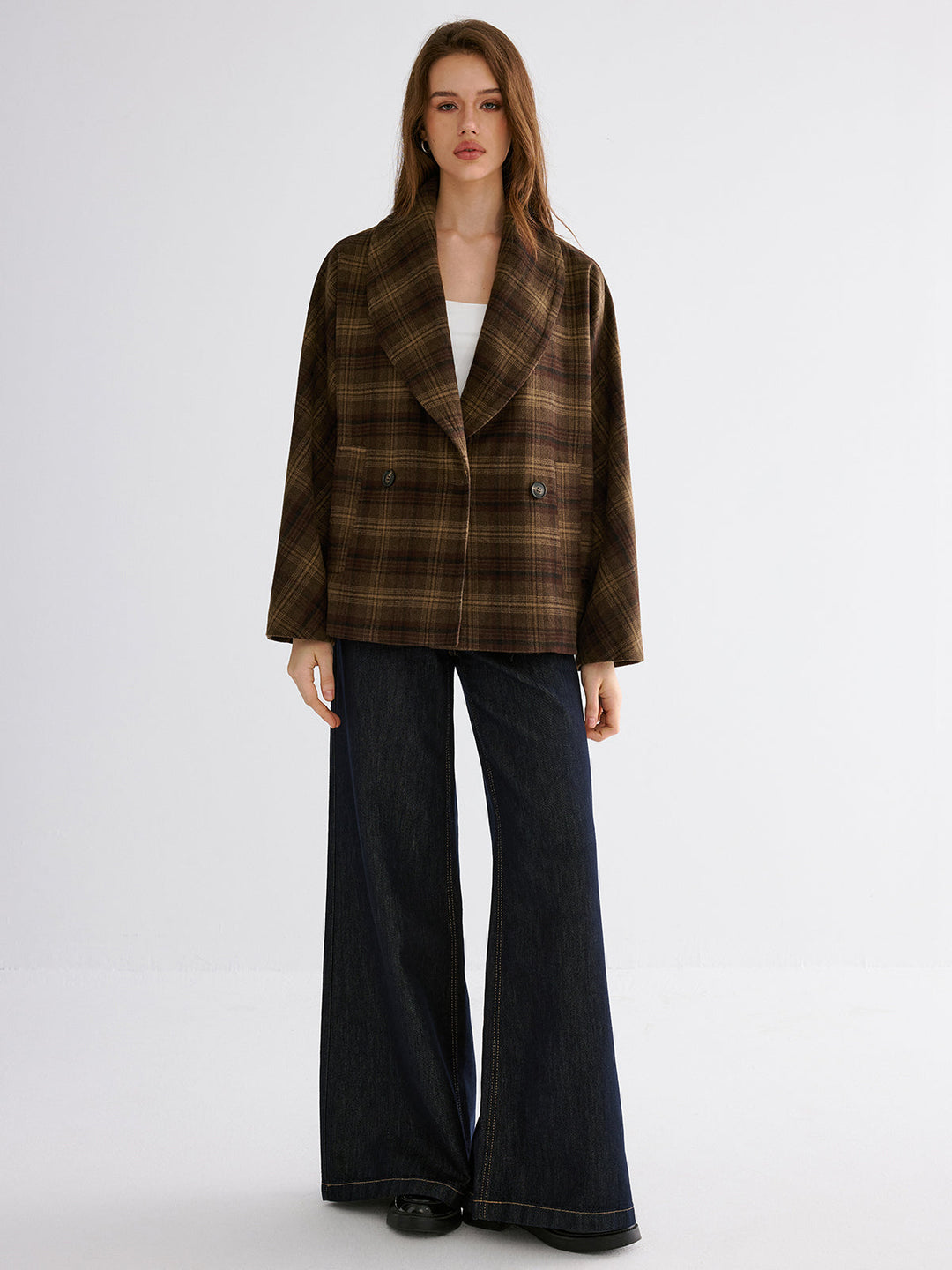 Wool-blend Gingham Loose Coat
